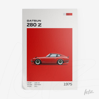 quadro com ilustração do carro Datsun 280 Z em fundo vermelho vibrante