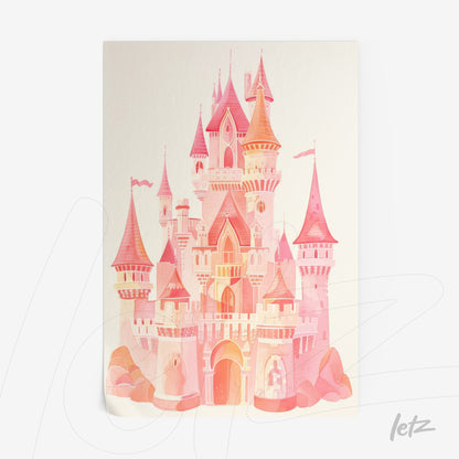 quadro com ilustração de castelo rosa em estilo aquarela com torres altas e janelas arched