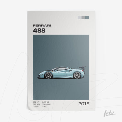 quadro decorativo com ilustração da Ferrari 488 em fundo azul pastel, estilo minimalista