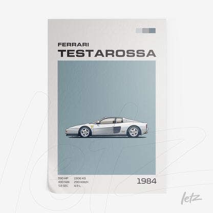 arte digital do carro esportivo Ferrari Testarossa em fundo azul claro com detalhes técnicos abaixo