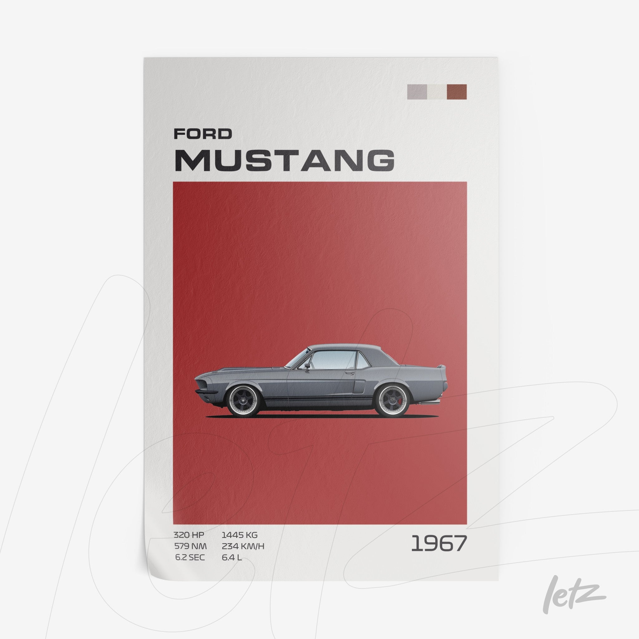 arte digital com ilustração de um Ford Mustang 1967 em fundo vermelho com detalhes gráficos informativos