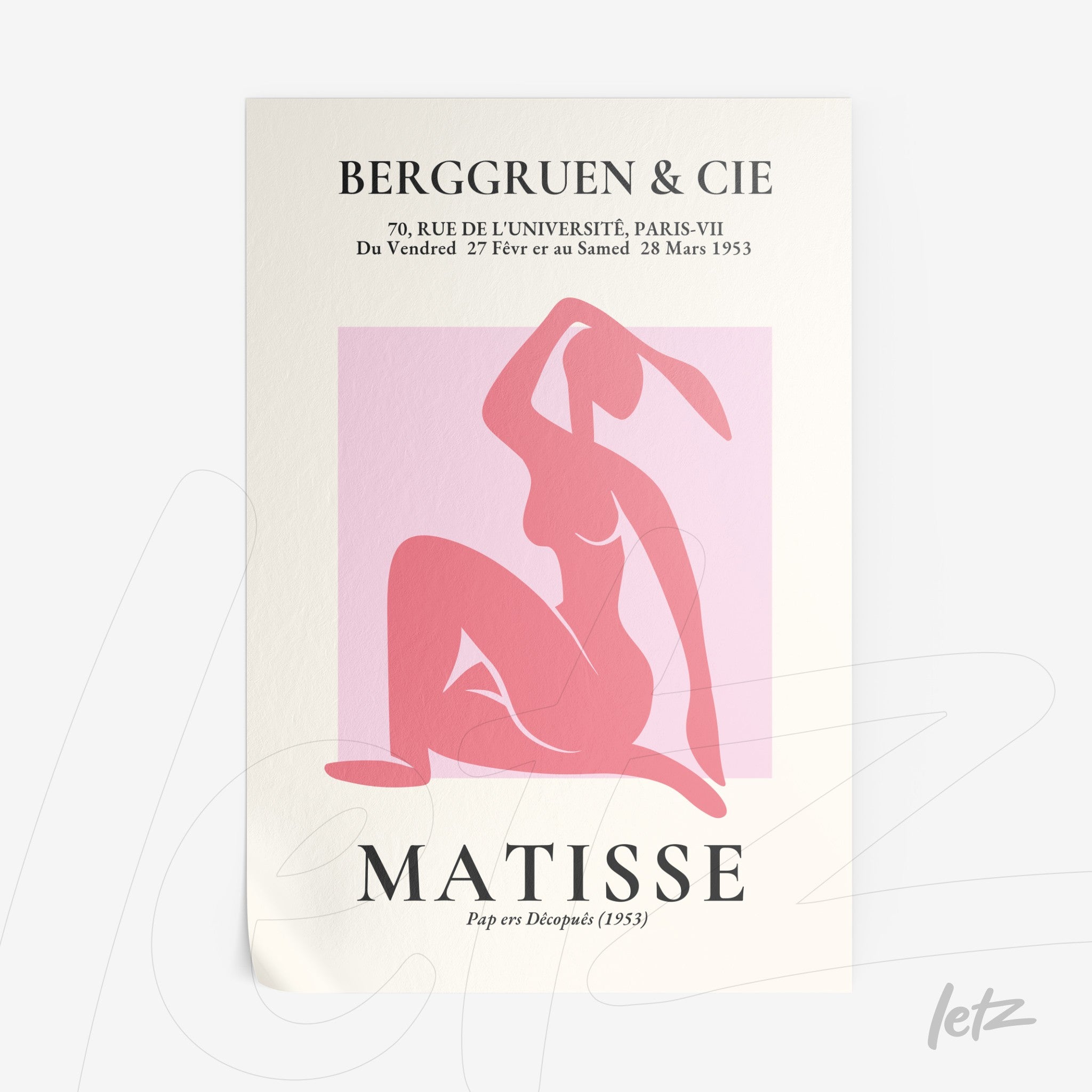 quadro com arte abstrata em tons de rosa retratando figura feminina com fundo em rosa claro, apresentado em papel texturizado