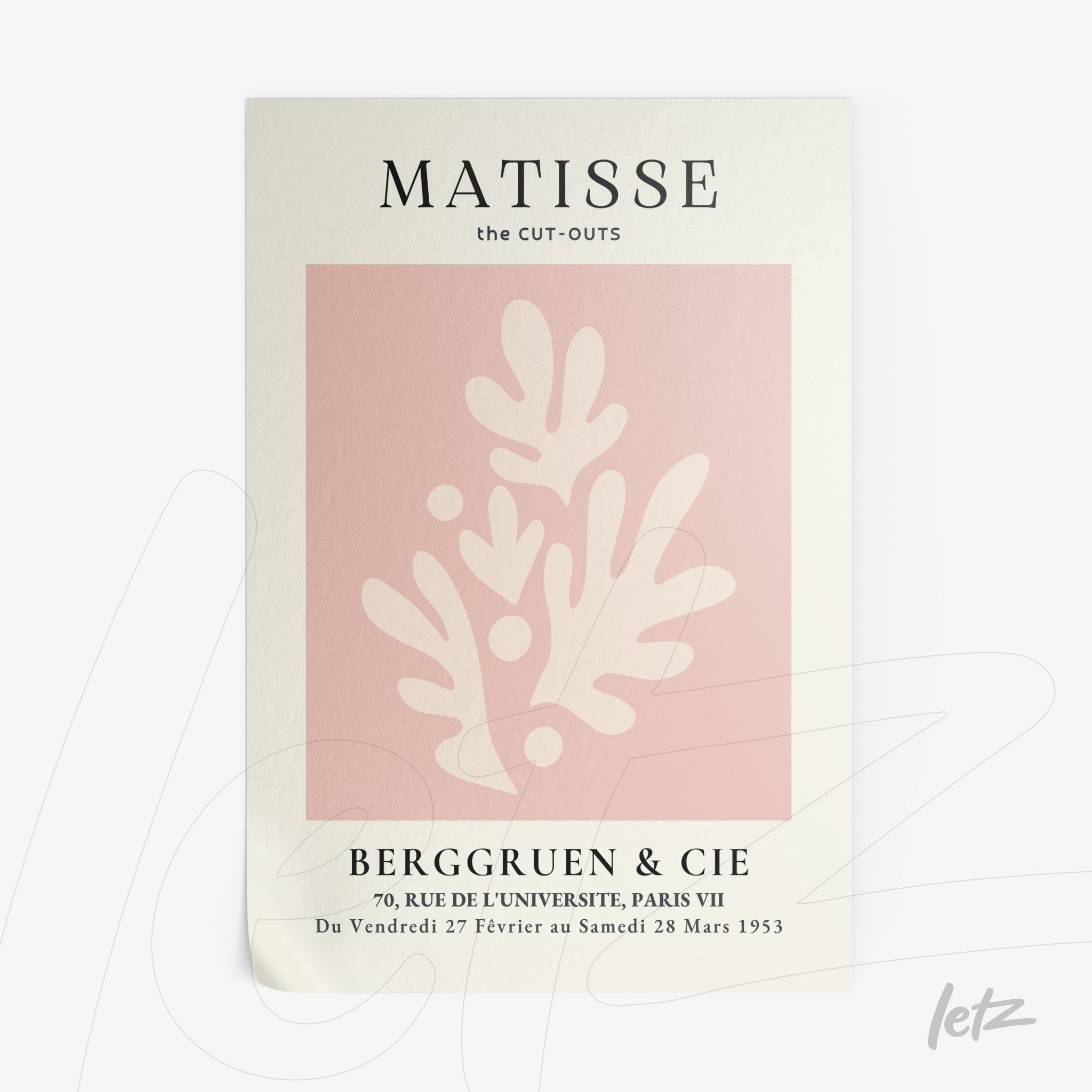 quadro com arte inspirada em Matisse, featuring elementos florais em tons de rosa sobre fundo claro