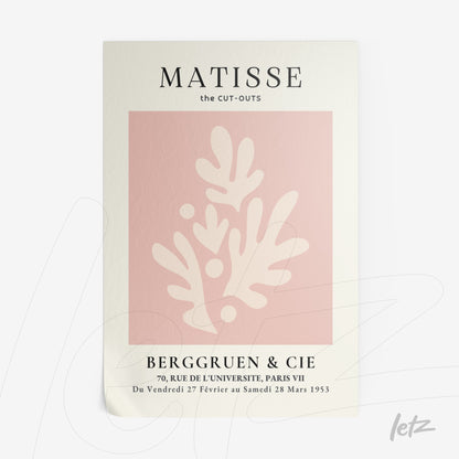 quadro com arte inspirada em Matisse, featuring elementos florais em tons de rosa sobre fundo claro