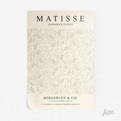 pôster com design floral em estilo vintage de Matisse, com fundo claro e delicados ramos de plantas em tons suaves