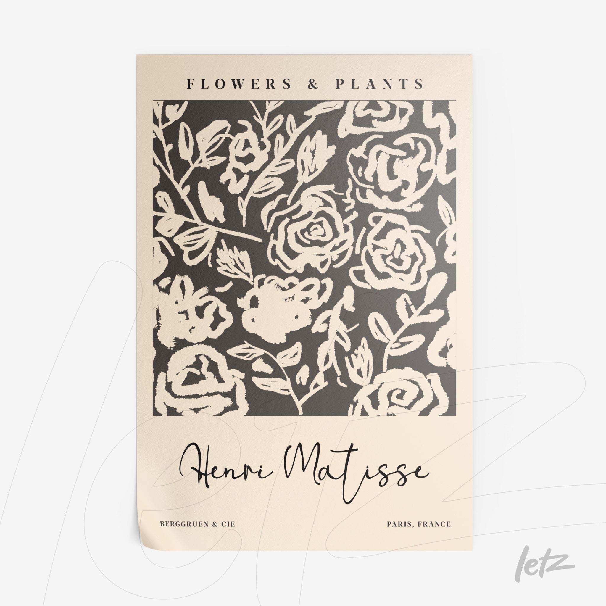 quadro com arte de flores e plantas em estilo moderno, fundo negro com rosetas brancas e texto em fonte cursiva
