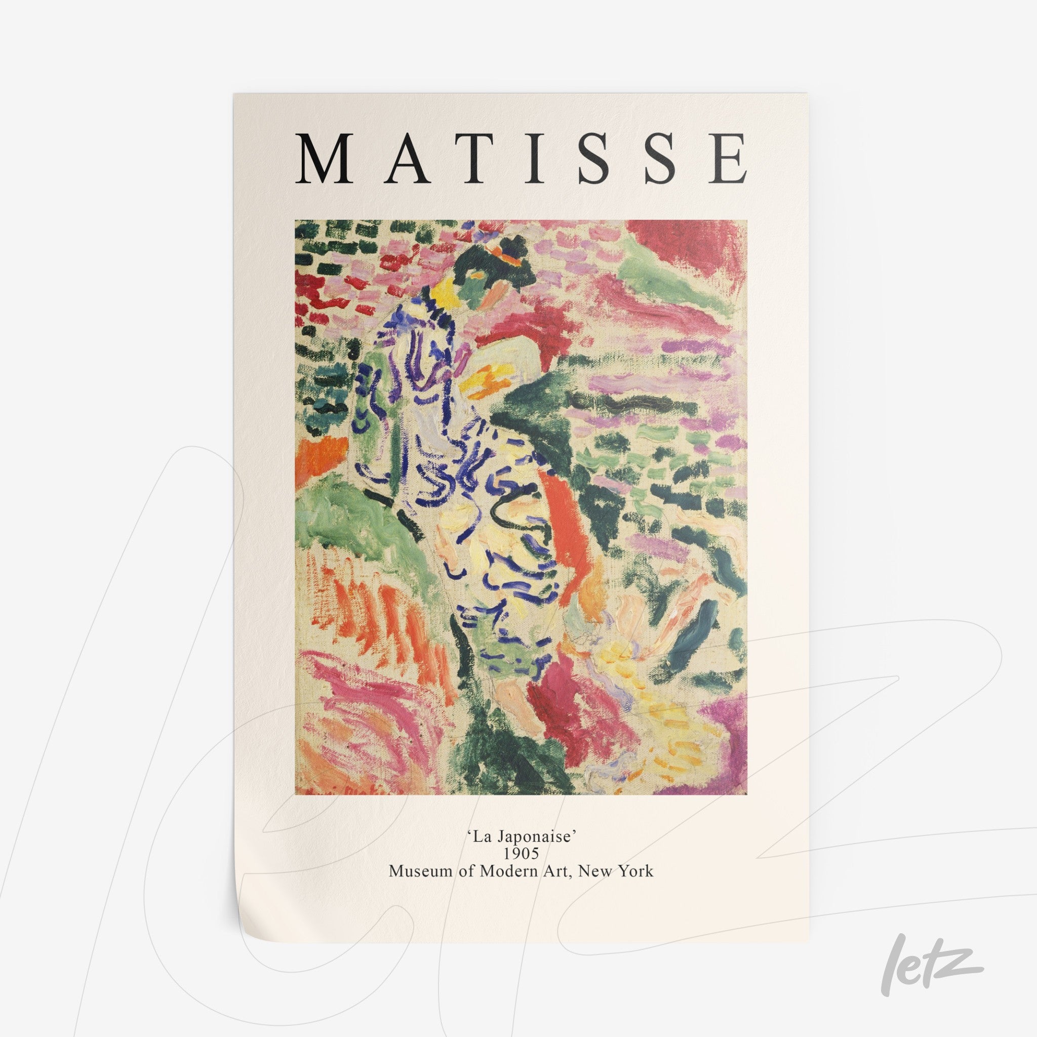 quadro decorativo com arte de Henri Matisse, intitulado 'La Japonaise', exibido com fundo claro e título em fonte grande na parte superior