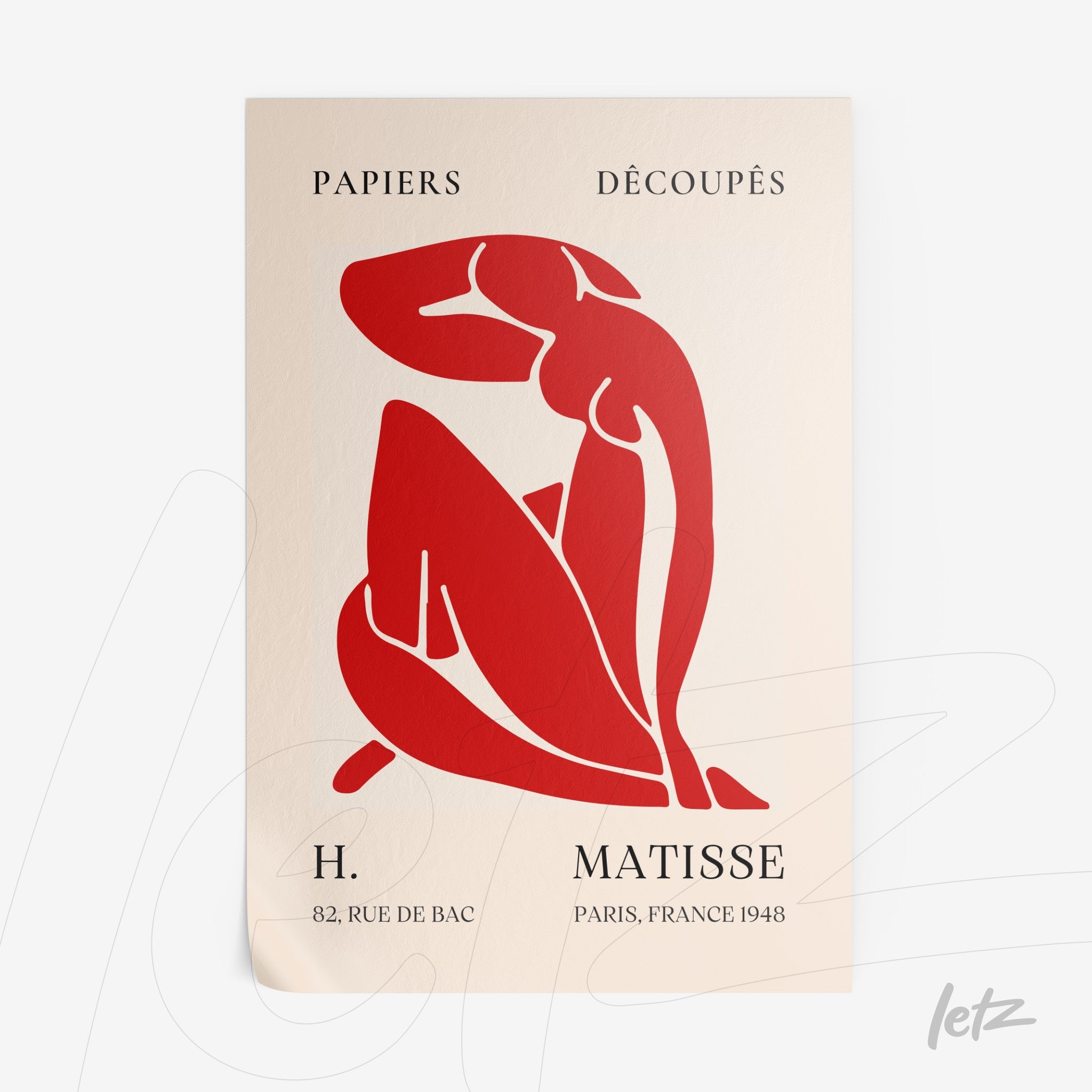 quadro com arte recortada em vermelho de figura feminina com fundo claro e texto em fonte clássica, moldura branca