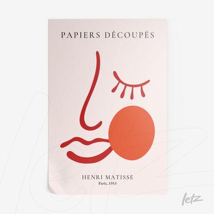 quadro com arte minimalista inspirada em Henri Matisse, apresentando um rosto estilizado em tons de vermelho e laranja sobre fundo claro