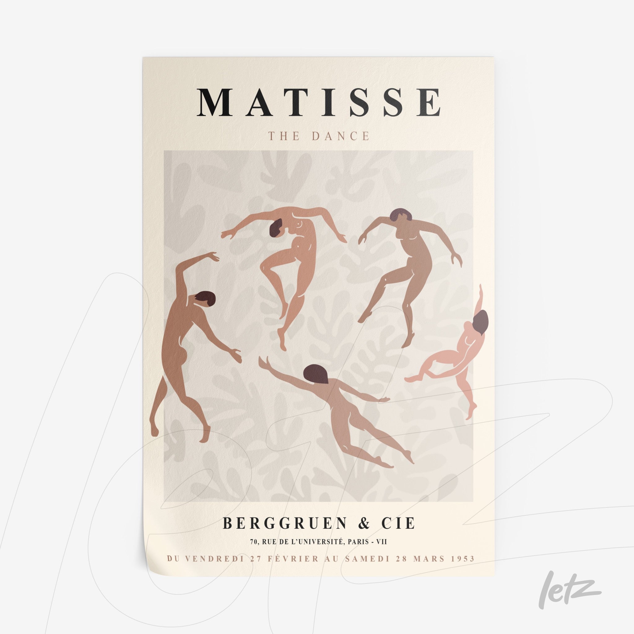 quadro com arte abstrata de dançarinos em cores suaves sobre fundo claro, moldura branca