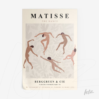 quadro com arte abstrata de dançarinos em cores suaves sobre fundo claro, moldura branca