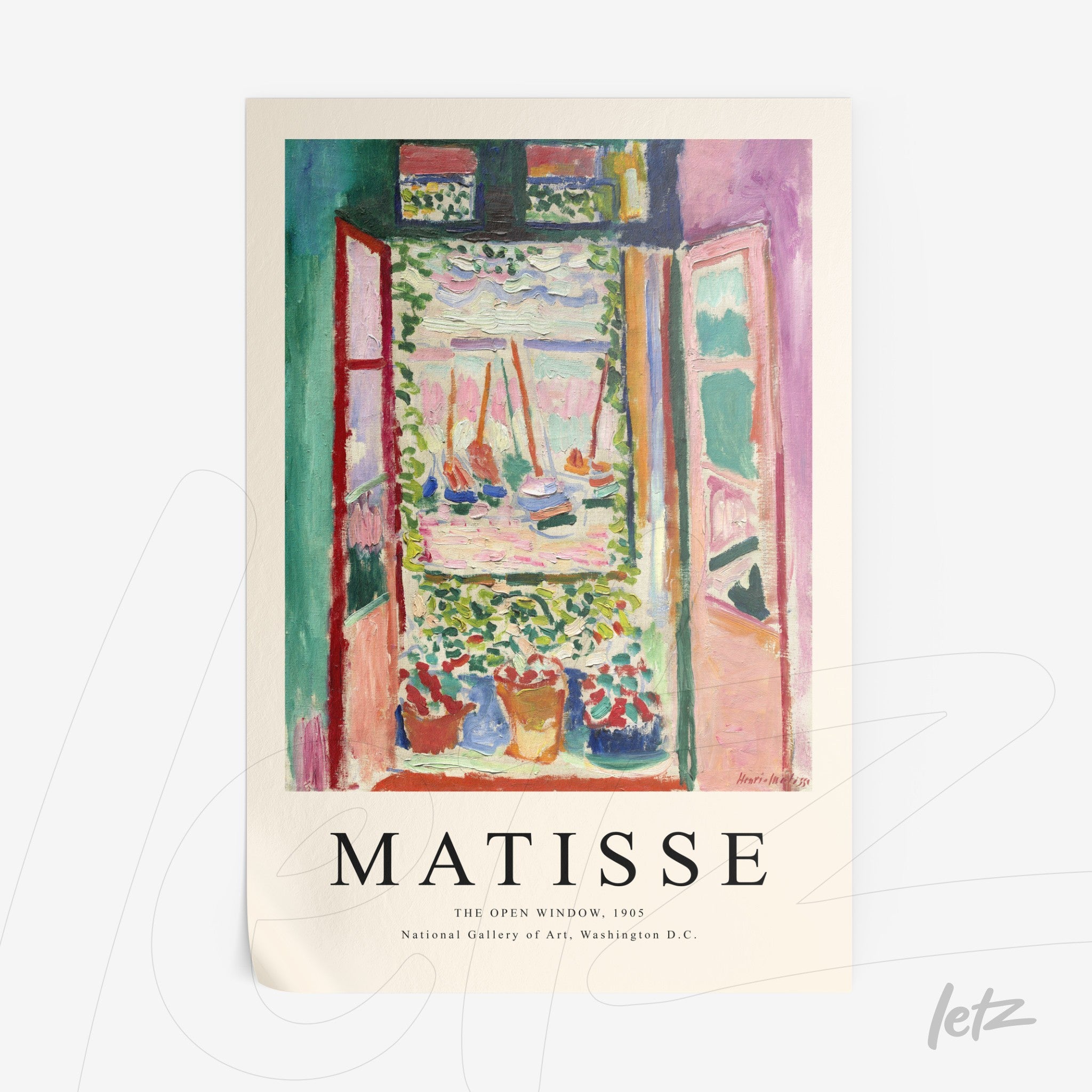 quadro com arte impressionista de uma janela aberta com vista para barcos em um fundo colorido, título 'Matisse'