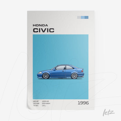 quadro com ilustração de carro Honda Civic 1996 em fundo azul claro