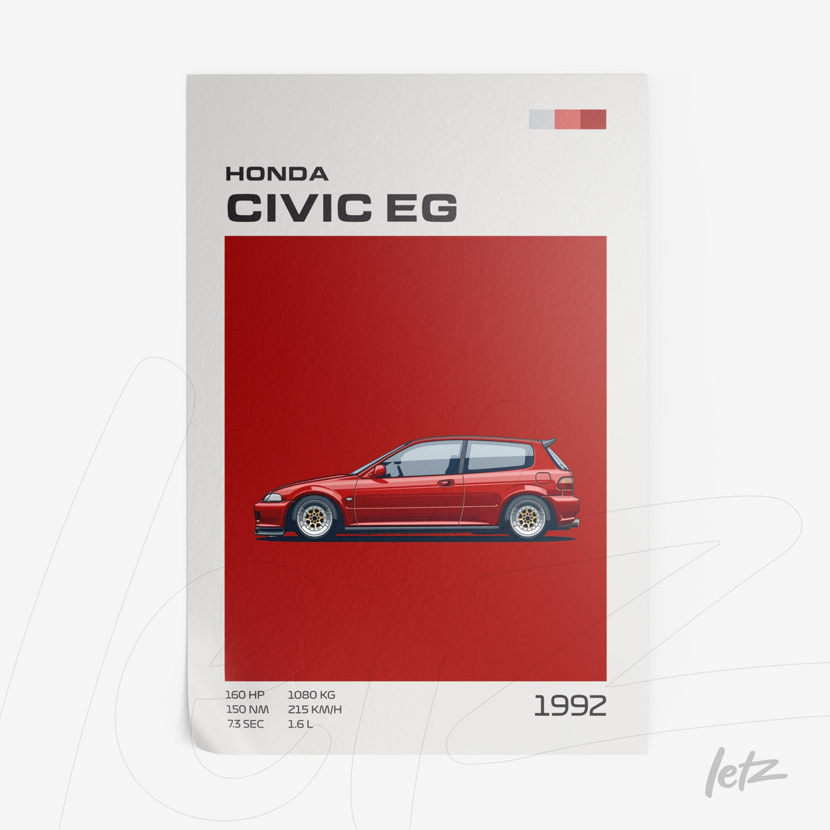 quadro com arte digital do carro Honda Civic EG de 1992 em fundo vermelho
