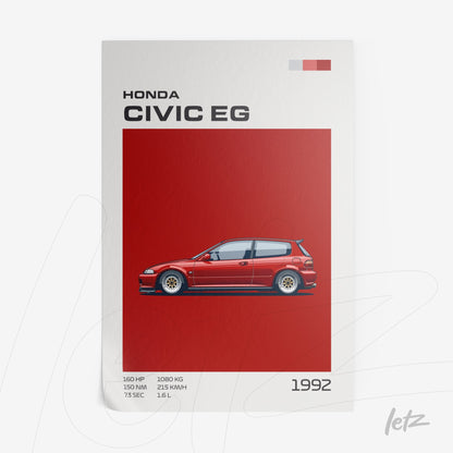quadro com arte digital do carro Honda Civic EG de 1992 em fundo vermelho
