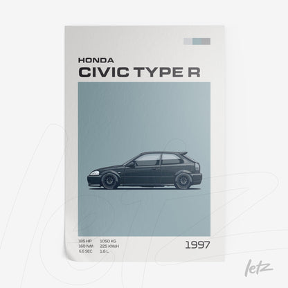 arte digital minimalista de um carro Honda Civic Type R 1997 com fundo azul e detalhes em cinza