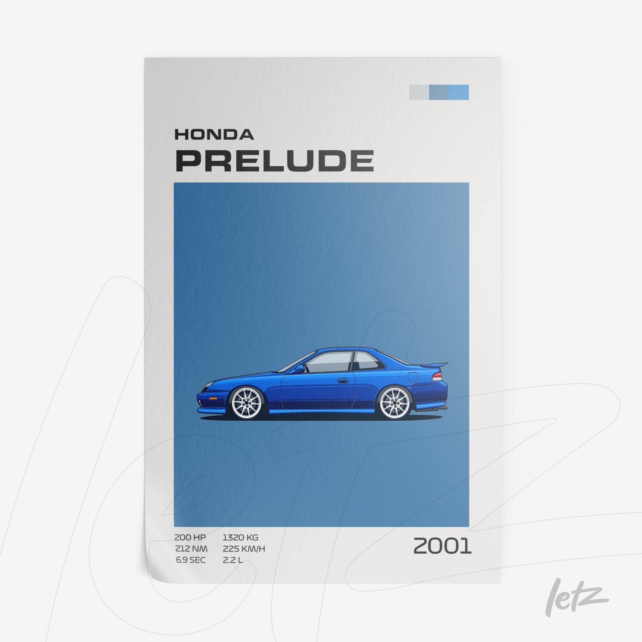 quadro com arte digital do Honda Prelude azul em estilo gráfico moderno