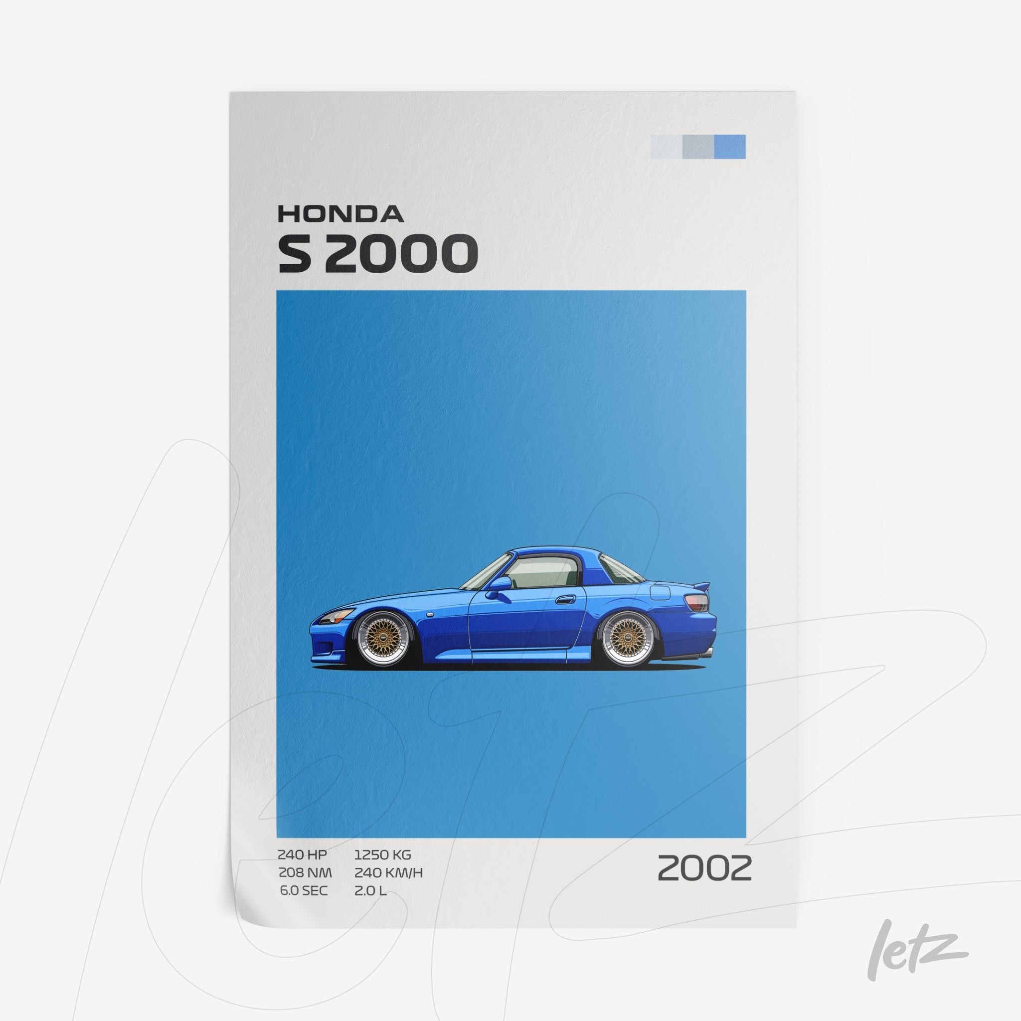 quadro com arte digital de um carro Honda S2000 em tom azul sobre fundo azul claro, com informações técnicas na parte superior e inferior