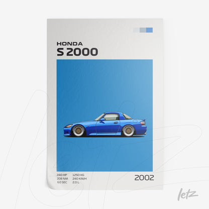 quadro com arte digital de um carro Honda S2000 em tom azul sobre fundo azul claro, com informações técnicas na parte superior e inferior