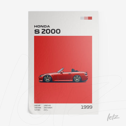 quadro com ilustração digital do carro esportivo honda s2000 em fundo vermelho