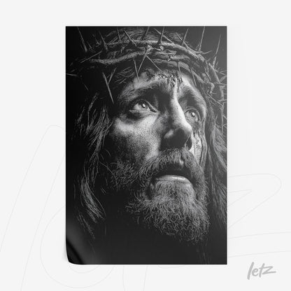 quadro em preto e branco retratando um perfil emocional de Jesus com coroa de espinhos e expressão angustiada