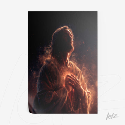 quadro com arte digital de figura espiritual iluminada, vestido em túnica clara, envolvida por uma aura de luz e partículas brilhantes