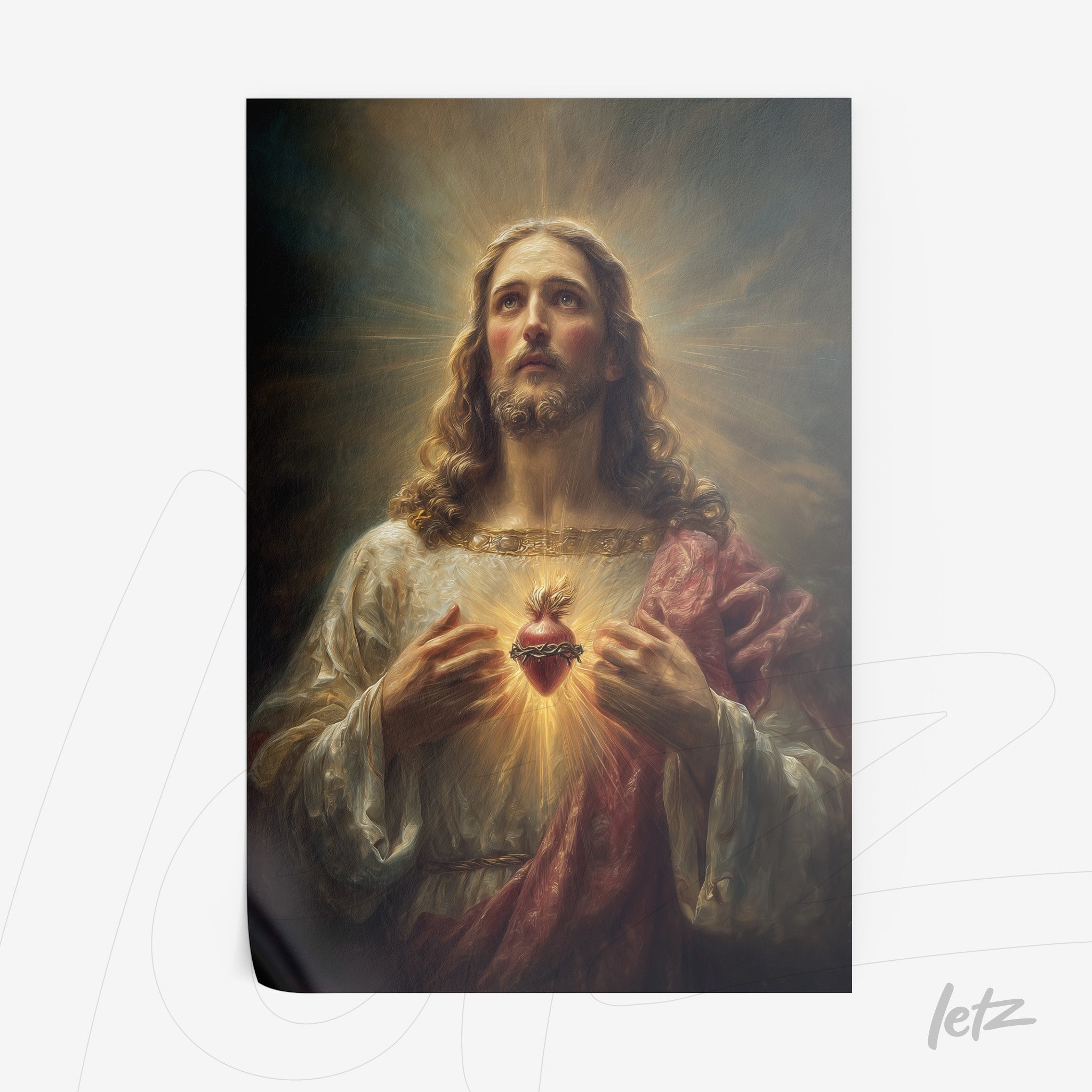 quadro representando uma imagem clássica de Jesus Cristo com expressão contemplativa, segurando o coração iluminado e vestindo roupa branca e vermelha