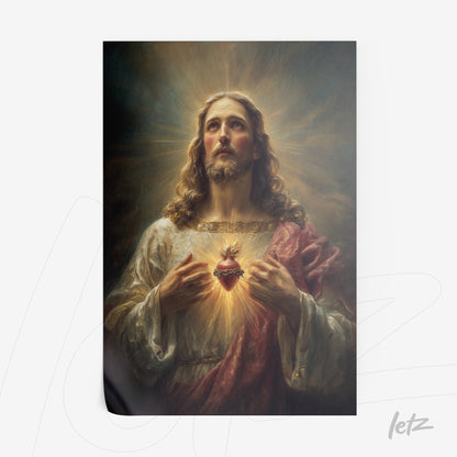 quadro representando uma imagem clássica de Jesus Cristo com expressão contemplativa, segurando o coração iluminado e vestindo roupa branca e vermelha