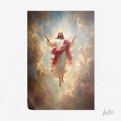 quadro com arte celestial de Jesus ascendente em um fundo de nuvens coloridas
