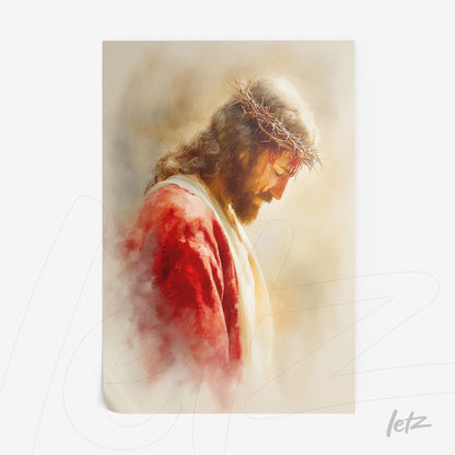 quadro com arte religiosa representando Jesus Cristo com coroa de espinhos e vestes vermelhas em fundo suave
