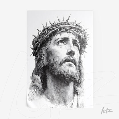 quadro em preto e branco retratando a cabeça de Jesus Cristo com coroa de espinhos