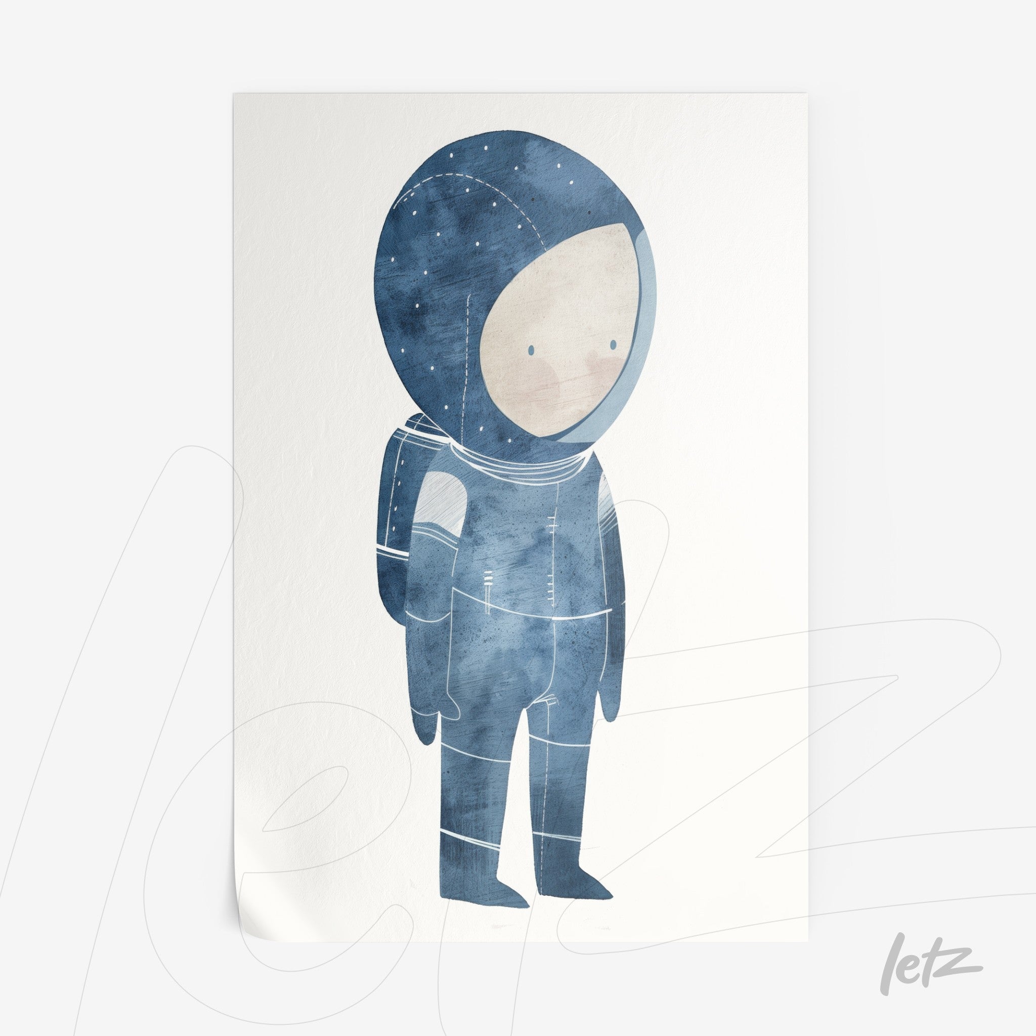 quadro com ilustração de astronauta em tons de azul e fundo claro