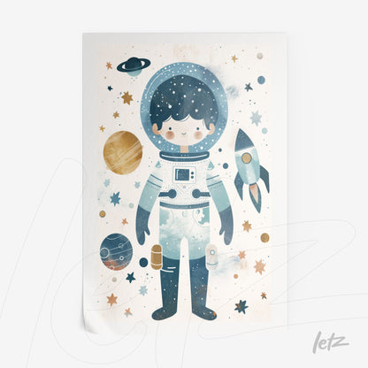 quadro com ilustração infantil de astronauta em fundo espacial com planetas, estrelas e um foguete