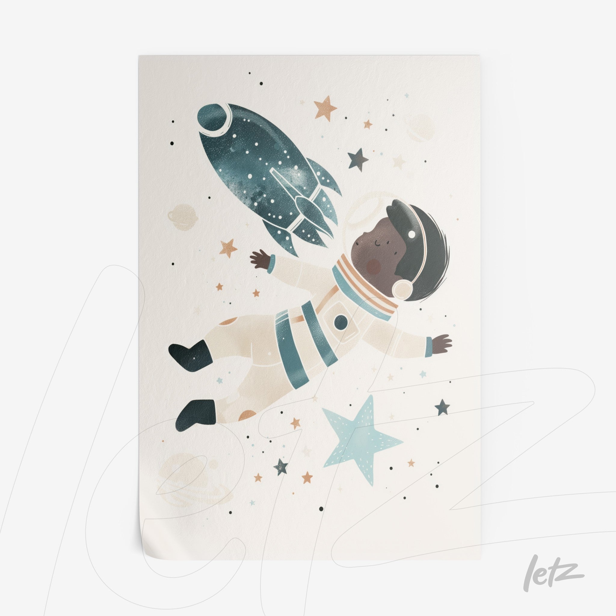 quadro com ilustração infantil de astronauta negro flutuando no espaço, rodeado de estrelas e foguete