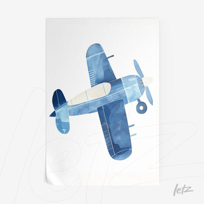 quadro decorativo com ilustração de avião em tonalidades de azul sobre fundo branco