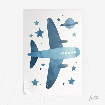 arte aquarela de um avião azul sobre fundo branco, com estrelas e um planeta ao redor