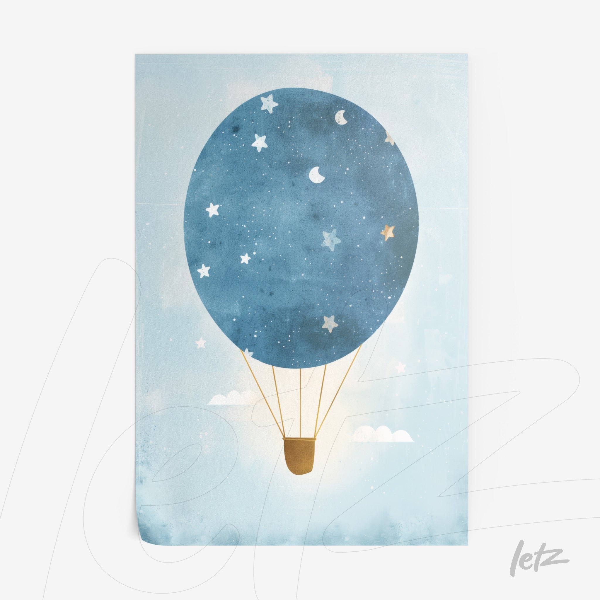 quadro com ilustração de balão de ar quente azul com estrelas e nuvens em fundo claro