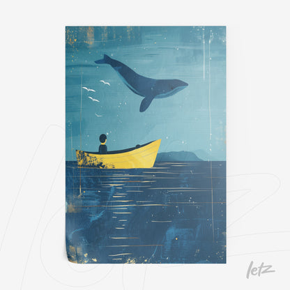 arte digital de uma cena marinha com um barco amarelo e uma baleia acima, em fundo azul com texturas e algumas aves