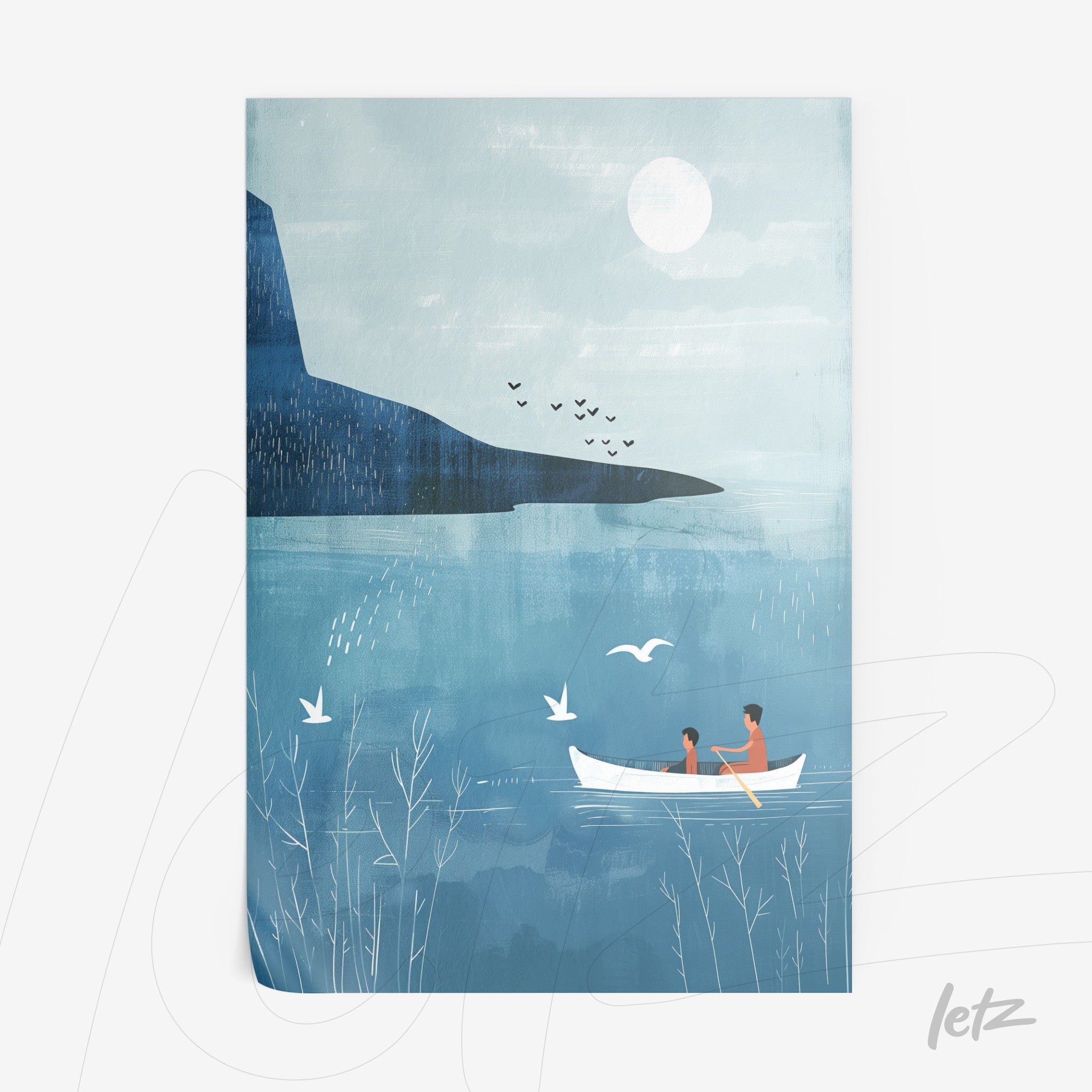 ilustração de duas pessoas remando em um barco branco em um lago sereno, com montanhas ao fundo e céu claro