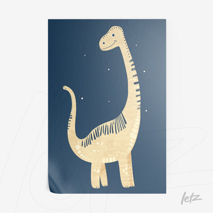 quadro com ilustração de dinossauro amigável em fundo azul escuro
