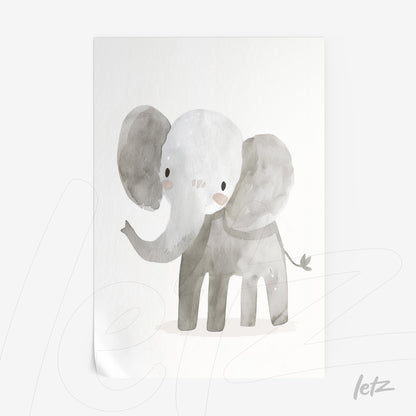 quadro decorativo com ilustração de elefante em aquarela em fundo claro