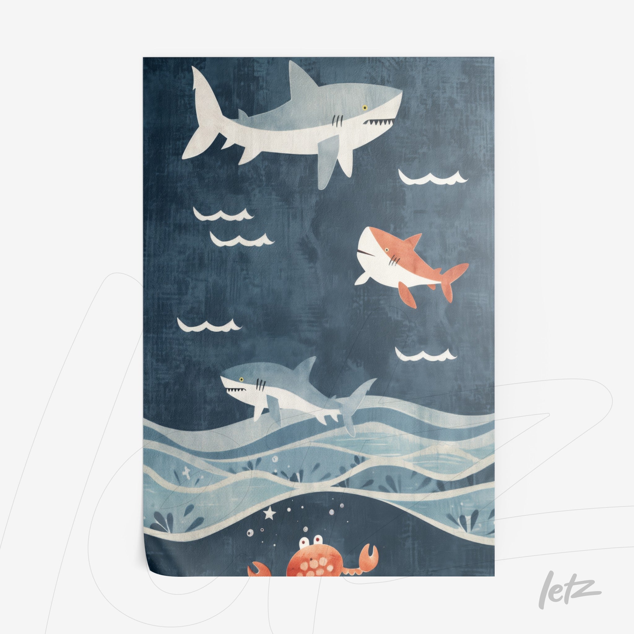 quadro com ilustração de tubarões nadando em fundo azul escuro, com ondas brancas e um caranguejo engraçado na parte inferior