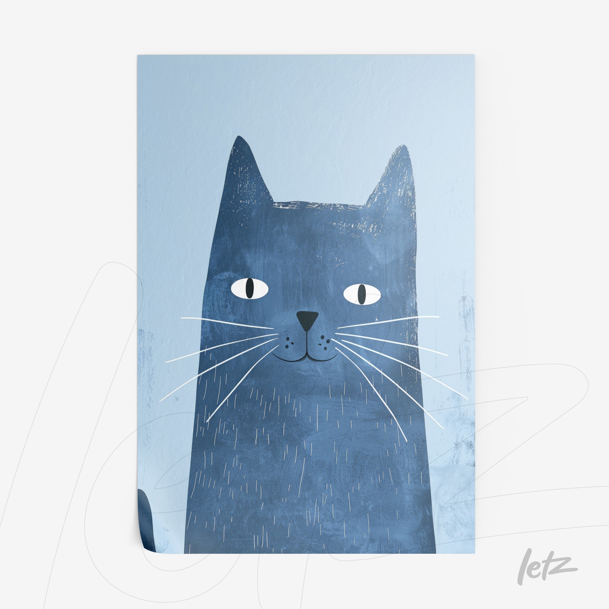 quadro com arte ilustrativa de um gato azul contra fundo claro
