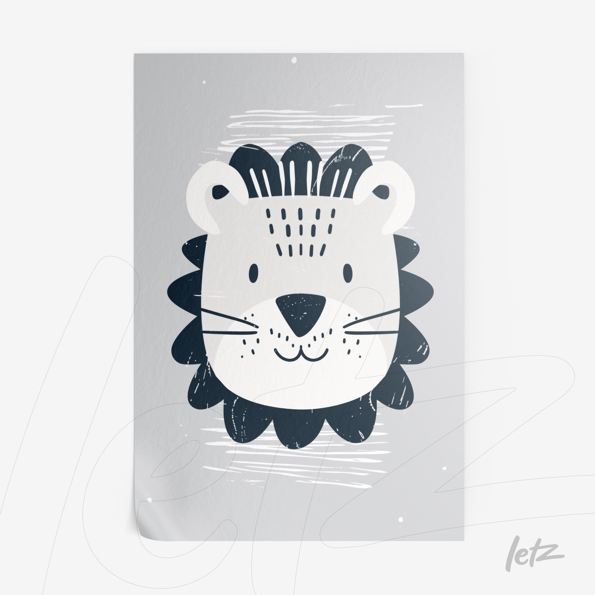 quadro com arte infantil de leão com traços simples em fundo cinza claro