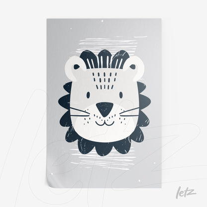 quadro com arte infantil de leão com traços simples em fundo cinza claro