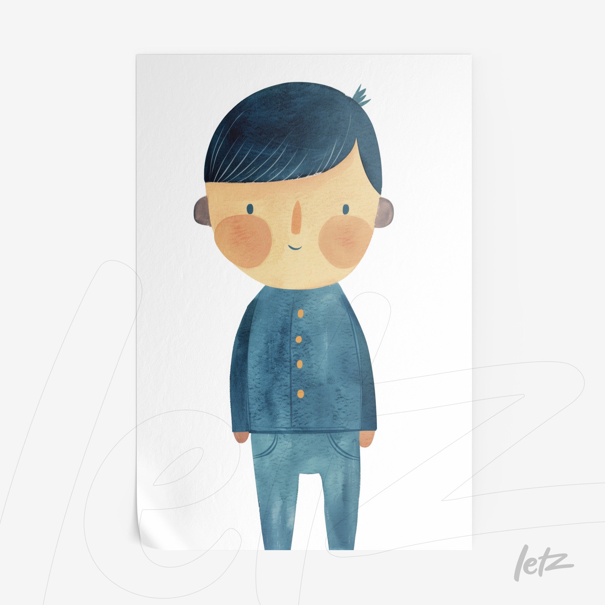 ilustração de menino com cabelos curtos e escuros, vestido com camisa azul botão e calças azuis, sobre fundo branco