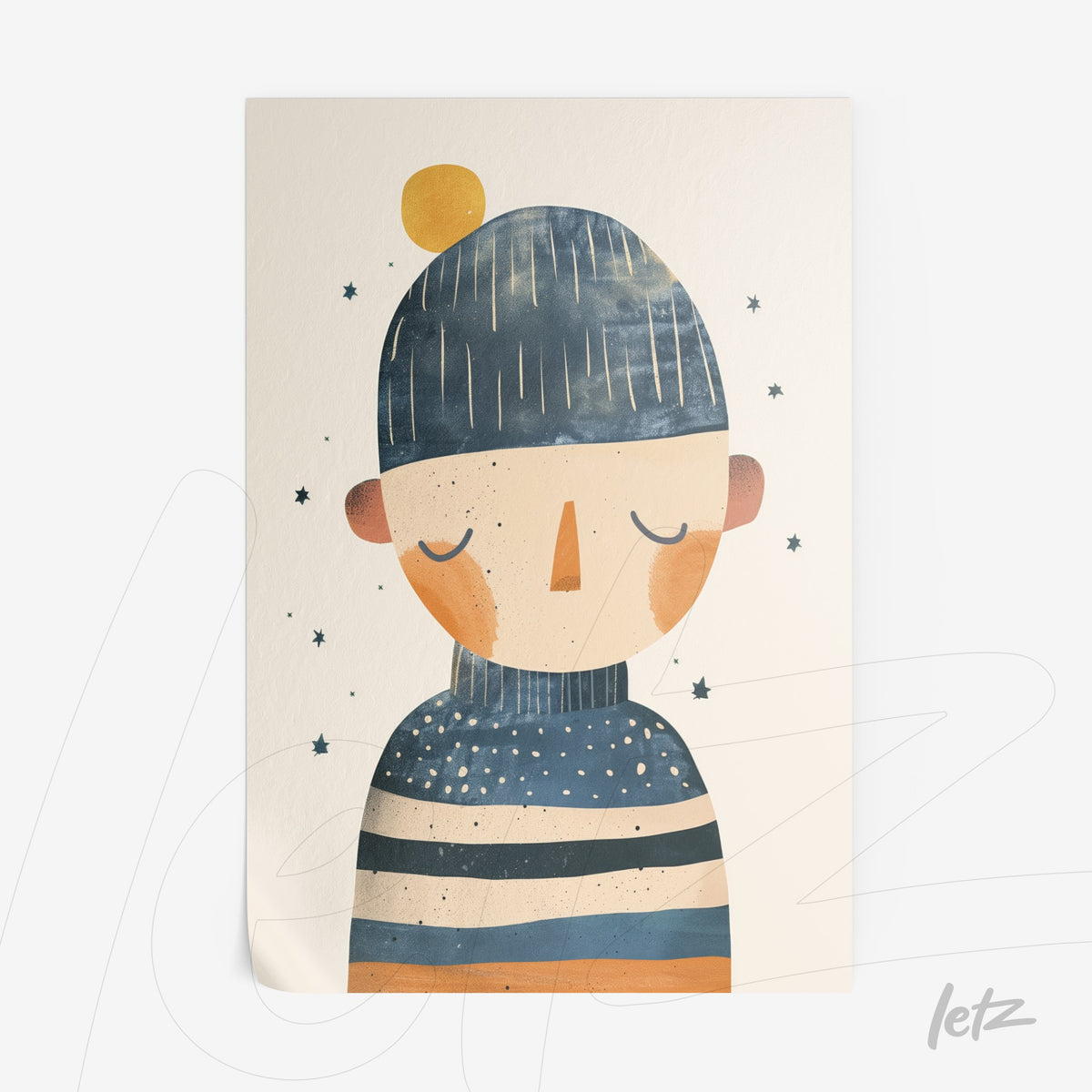 quadro com ilustração de personagem em estilo infantil usando um gorro e suéter listrado em tons de azul e laranja