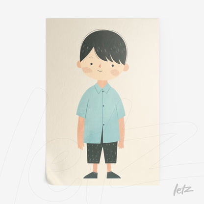 ilustração de um menino sorridente com camiseta azul e calças pretas sobre fundo claro