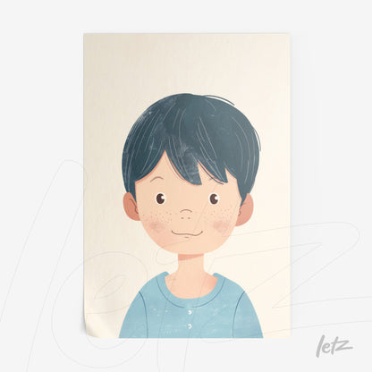 quadro com ilustração de uma criança sorridente com cabelo curto e escuro, vestindo uma camiseta azul clara, sobre fundo claro e texturizado
