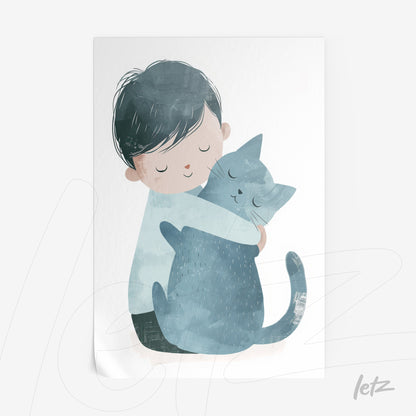 quadro com ilustração infantil de menino abraçando gato cinza em fundo branco